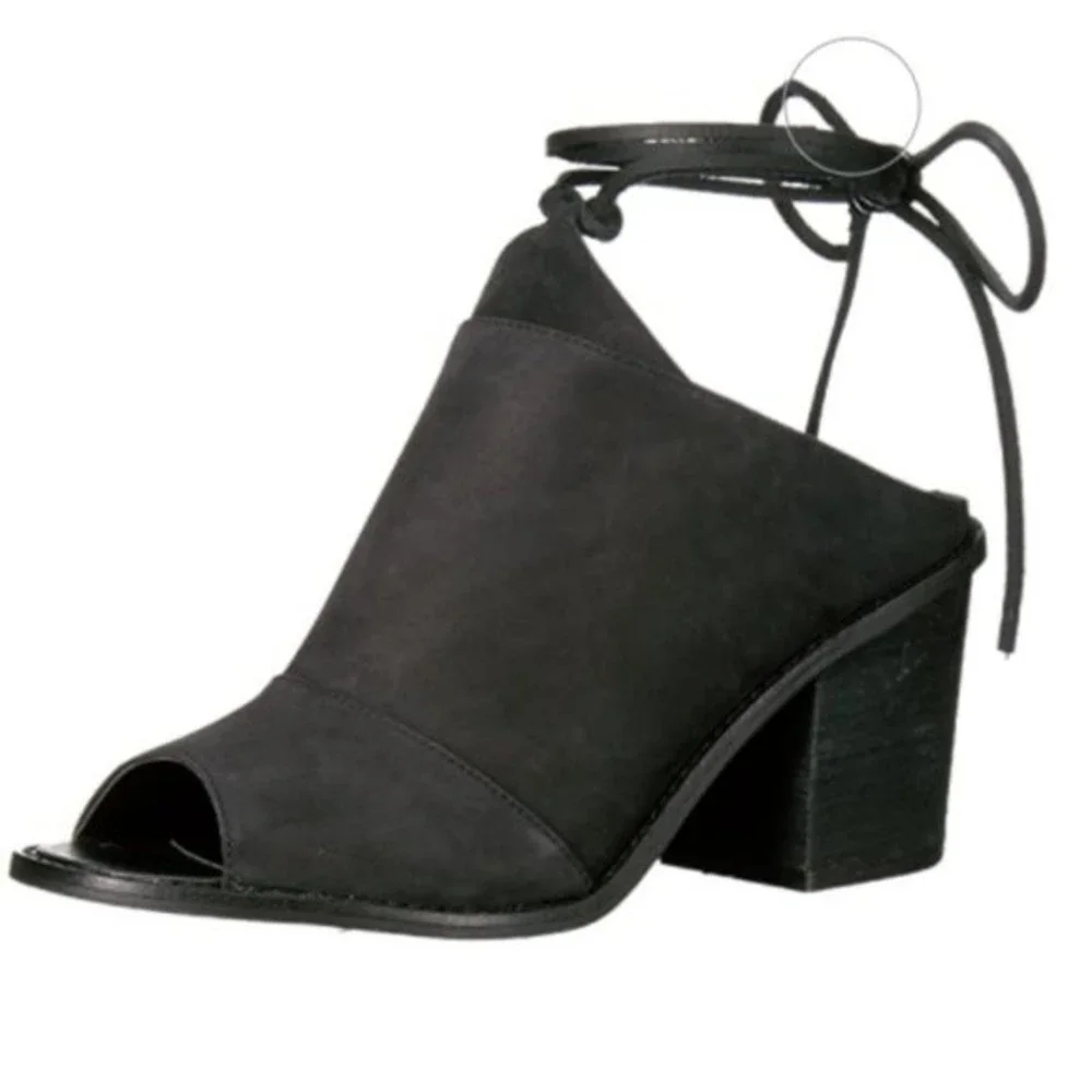Chinese Laundry Size‎ 6 Black Leather Ankle Wrap Peep Toe Mules Shoes Heels